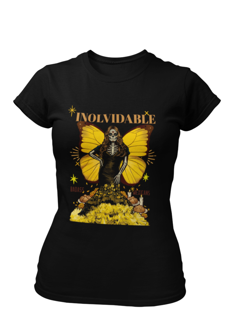 Black fitted women's t-shirt with a Catrina figure featuring yellow butterfly wings and cempasúchil flowers under the text "INOLVIDABLE".