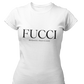 A white lifestyle t-shirt featuring the word "FUCCI" printed in a large, elegant black serif font across the chest. Below it, the brand name "BADASS MEXICANS" is printed in a smaller, clean sans-serif font.
