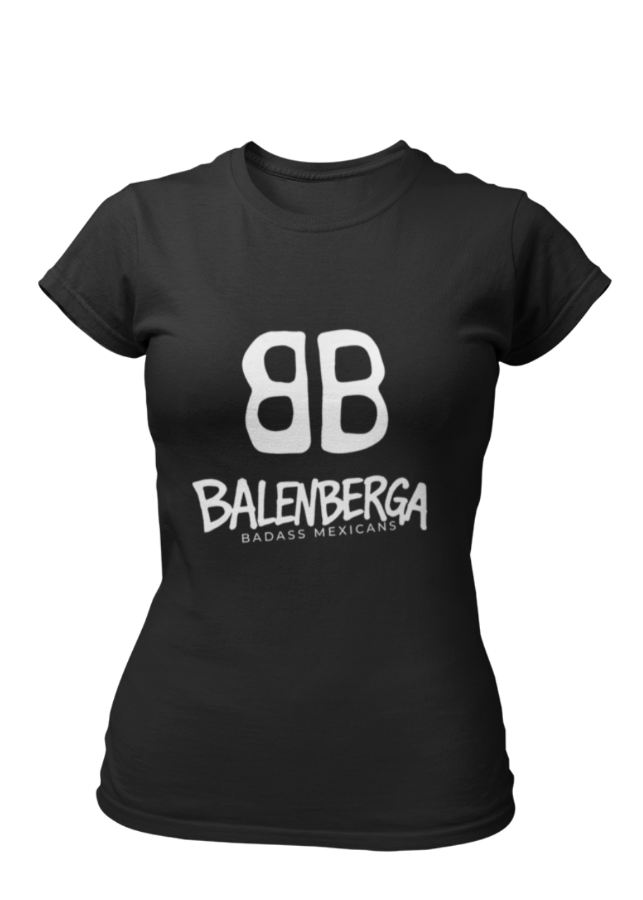front view of a premium black graphic t-shirt. On the center of the chest, a large white logo features two "B" characters mirrored and interlocked back-to-back. Directly below the logo, the word "BALENBERGA" is printed in an edgy, stylized white paint-stroke font, with "BADASS MEXICANS" cleanly written underneath in a small, minimalist font.