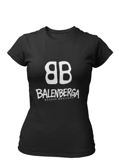 front view of a premium black graphic t-shirt. On the center of the chest, a large white logo features two "B" characters mirrored and interlocked back-to-back. Directly below the logo, the word "BALENBERGA" is printed in an edgy, stylized white paint-stroke font, with "BADASS MEXICANS" cleanly written underneath in a small, minimalist font.