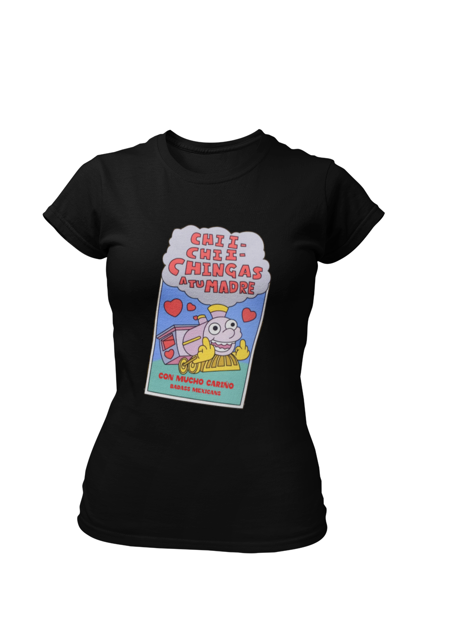 Black t-shirt featuring a colorful Valentine-style illustration with Spanish text that reads "Chingas a tu Madre" “Con Cariño,” designed as a humorous and playful Mexican-inspired message.