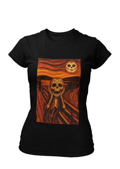 Black t-shirt with an artistic painting parodying Munch's The Scream featuring a sugar skull skeleton figure and moon.