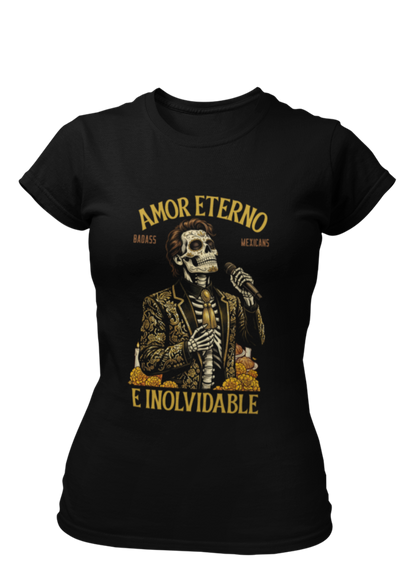 Black t-shirt featuring a detailed Catrín graphic of Juan Gabriel holding a microphone surrounded by golden text reading "AMOR ETERNO E INOLVIDABLE".