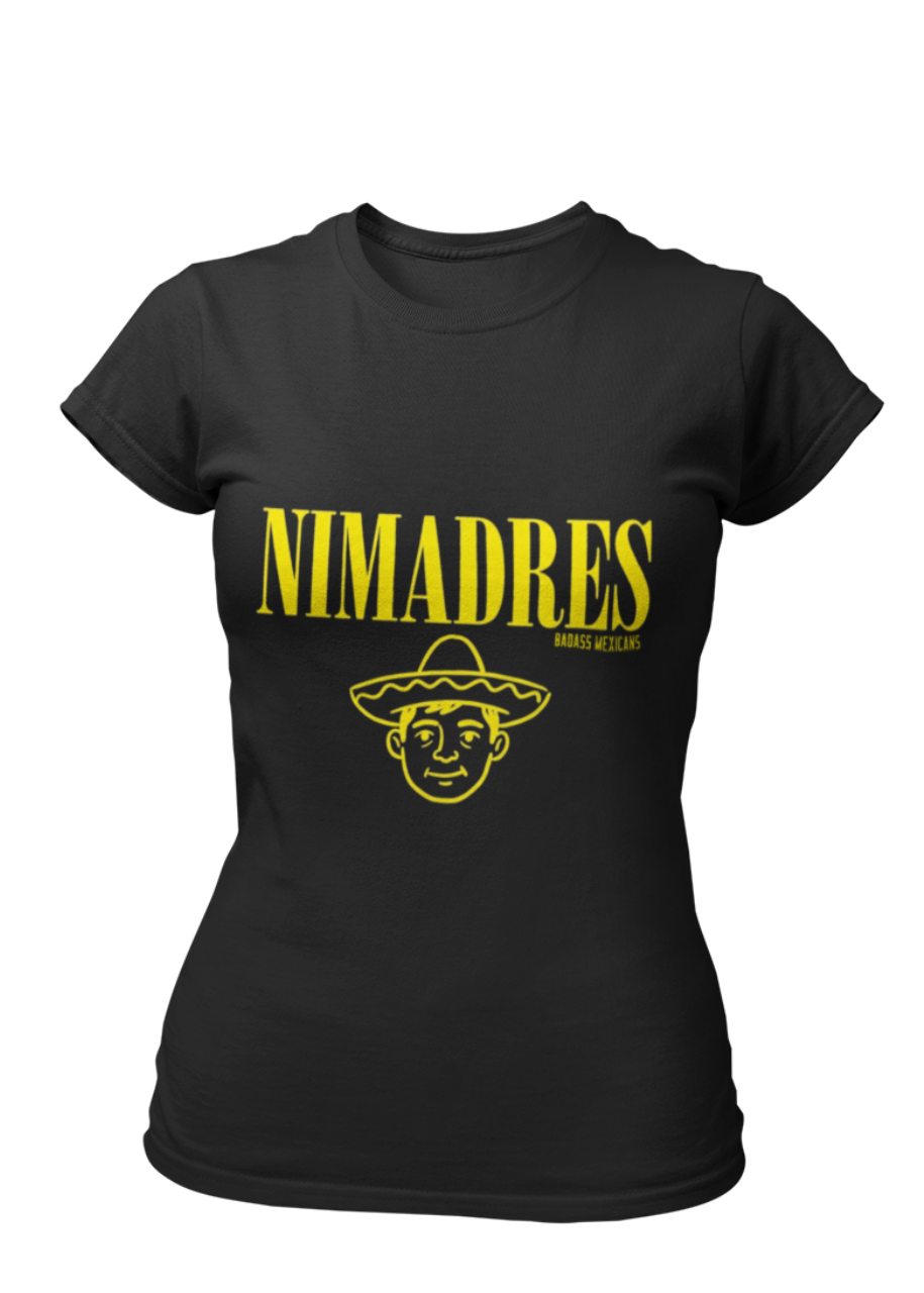 Black crew-neck t-shirt with "NI MADRES" printed in a yellow grunge font above a yellow line-art icon of a smiling man wearing a traditional sombrero.
