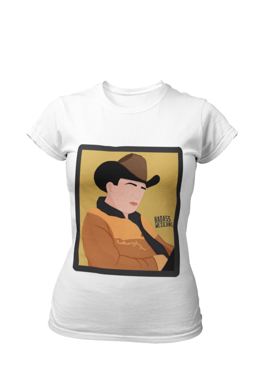 faceless regional mexicano inspired t-shirt with cowboy hat and golden jacket illustration, old-school banda style graphic white tee for women