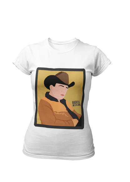 faceless regional mexicano inspired t-shirt with cowboy hat and golden jacket illustration, old-school banda style graphic white tee for women