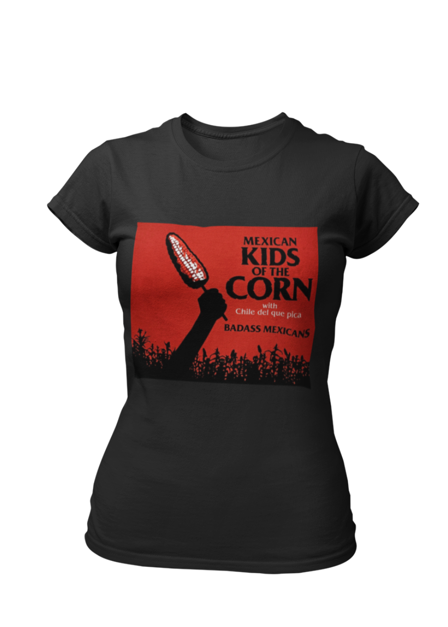 Black crew-neck t-shirt featuring a red retro movie poster graphic with a hand holding a spiced corn on a stick above a cornfield silhouette.
