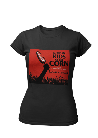 Black crew-neck t-shirt featuring a red retro movie poster graphic with a hand holding a spiced corn on a stick above a cornfield silhouette.