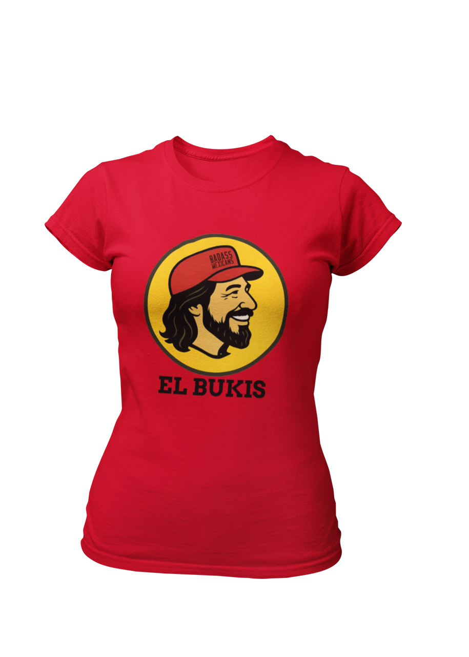 A caricature image of Mexican singer "El Buki," replacing the traditional beaver character on a stylized logo for a gas station.  all printed on a casual, short-sleeved t-shirt. The overall style is a fun, graphic illustration parody.
