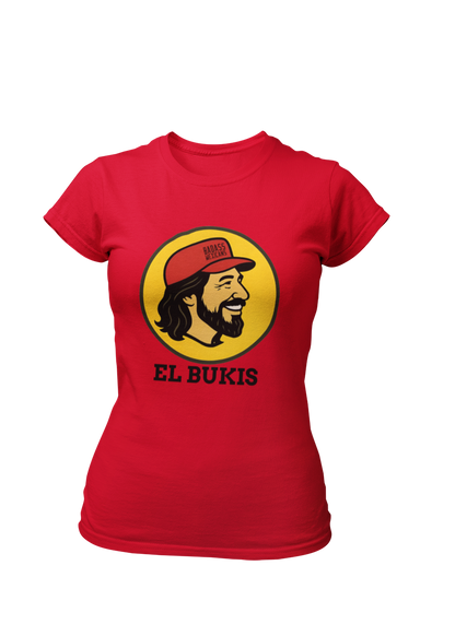 A caricature image of Mexican singer "El Buki," replacing the traditional beaver character on a stylized logo for a gas station.  all printed on a casual, short-sleeved t-shirt. The overall style is a fun, graphic illustration parody.