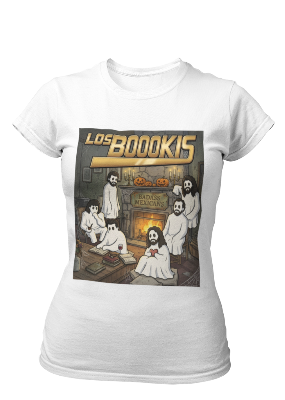 White t-shirt featuring a spooky band parody with ghosts around a fireplace with text reading "LOS BOOOKIS".