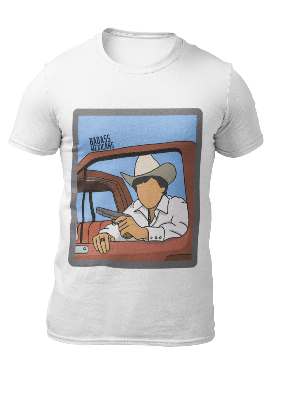 faceless corrido inspired white t-shirt with cowboy hat man sitting in truck illustration, regional mexicano style graphic tee for men