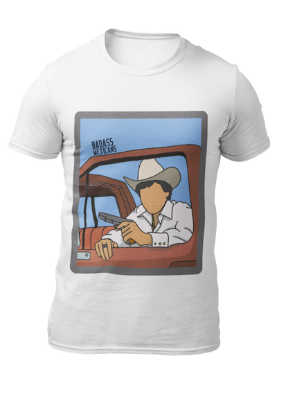 faceless corrido inspired white t-shirt with cowboy hat man sitting in truck illustration, regional mexicano style graphic tee for men