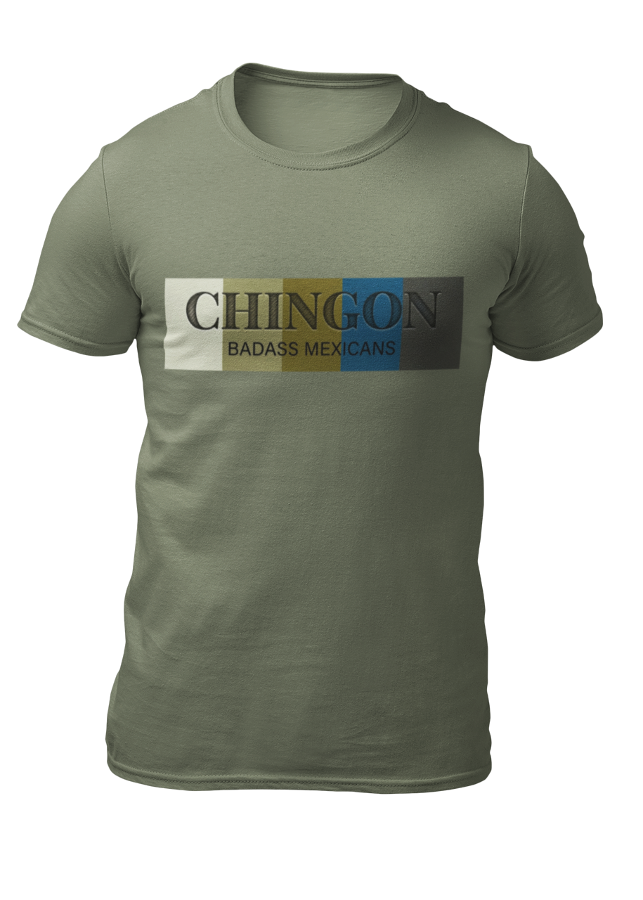 An Military green crew-neck t-shirt featuring a graphic design printed across the chest. The design consists of five vertical color blocks lined up side-by-side in white, beige, gold, blue, and dark gray. Overlaid on these blocks, the word "CHINGON" is printed in a large, elegant dark gray serif font, with the words "BADASS MEXICANS" written directly underneath in a smaller, clean sans-serif typeface.