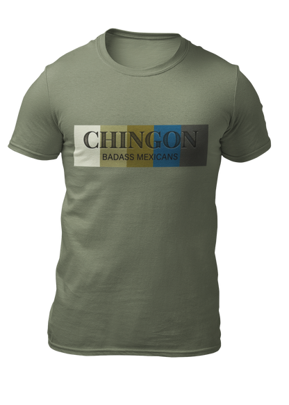 An Military green crew-neck t-shirt featuring a graphic design printed across the chest. The design consists of five vertical color blocks lined up side-by-side in white, beige, gold, blue, and dark gray. Overlaid on these blocks, the word "CHINGON" is printed in a large, elegant dark gray serif font, with the words "BADASS MEXICANS" written directly underneath in a smaller, clean sans-serif typeface.