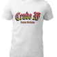 A white crew-neck t-shirt featuring the text "Crudo AF" printed across the chest in a bold, stylized Gothic font. The letters have a horizontal color gradient transition from red at the top, fading into yellow and white at the bottom, outlined in black with a heavy black drop shadow. Directly below, the words "BADASS MEXICANS" are printed in a smaller, matching Gothic font with the same red, yellow, and white gradient and drop shadow effect.