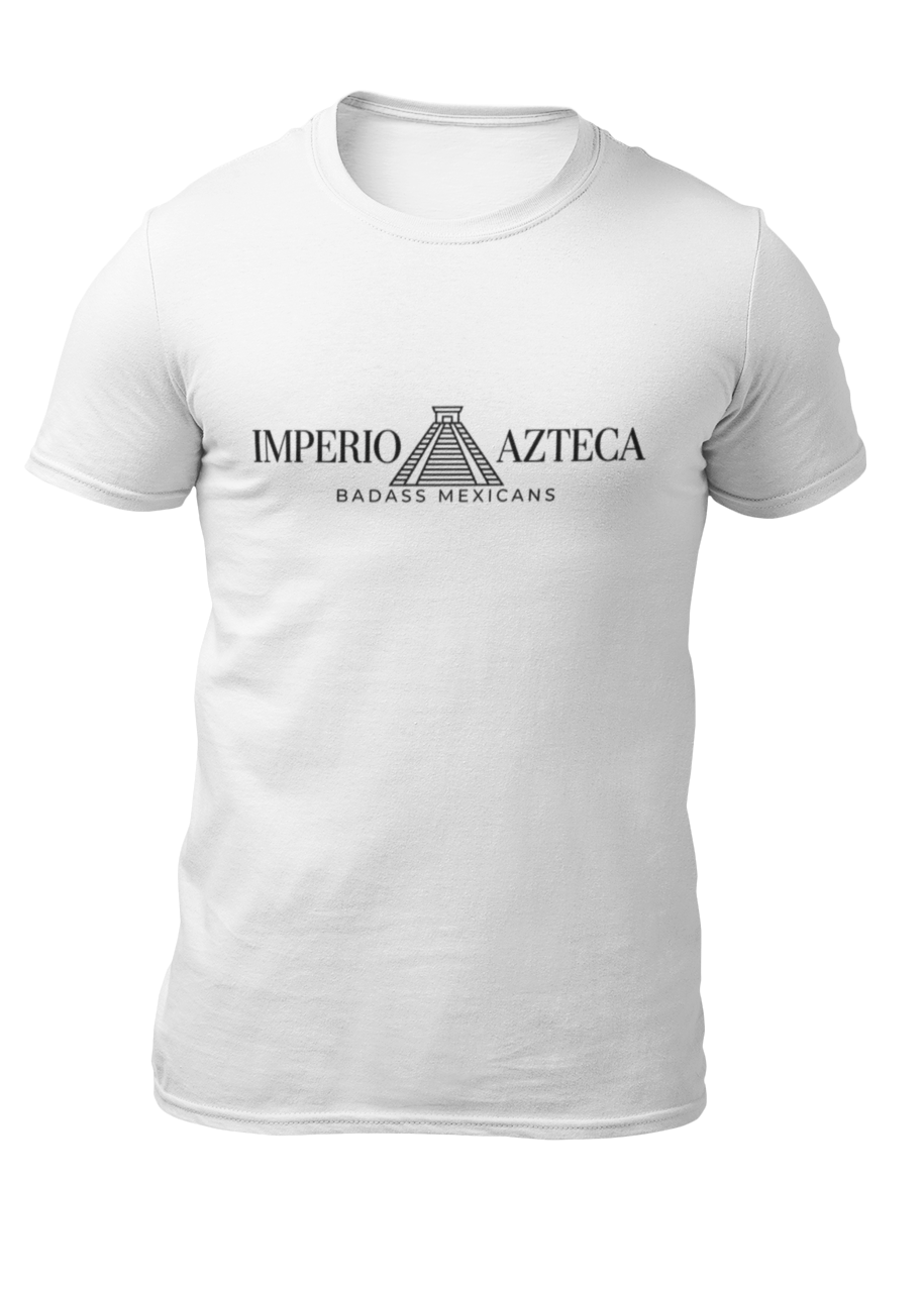 White crew-neck t-shirt featuring the text "IMPERIO AZTECA" in a clean black font, separated by a minimalist line-art icon of an Aztec pyramid.