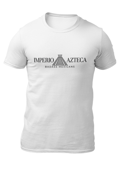 White crew-neck t-shirt featuring the text "IMPERIO AZTECA" in a clean black font, separated by a minimalist line-art icon of an Aztec pyramid.