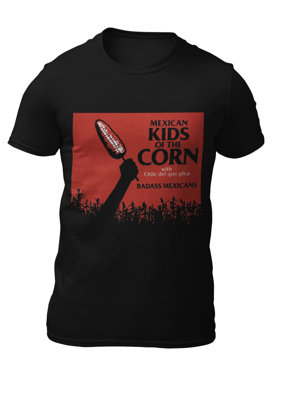 Black crew-neck t-shirt featuring a red retro movie poster graphic with a hand holding a spiced corn on a stick above a cornfield silhouette.