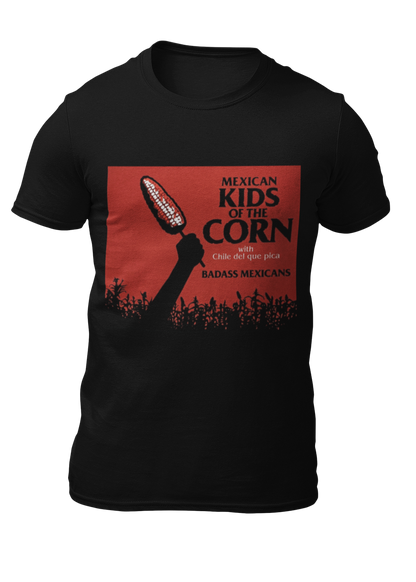 Black crew-neck t-shirt featuring a red retro movie poster graphic with a hand holding a spiced corn on a stick above a cornfield silhouette.