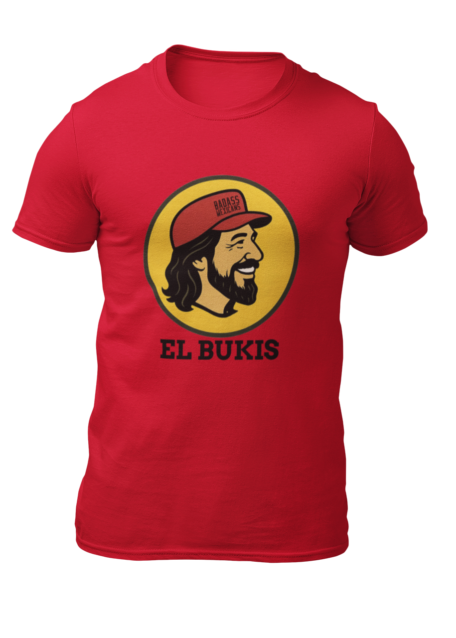 A caricature image of Mexican singer "El Buki," replacing the traditional beaver character on a stylized logo for a gas station.  all printed on a casual, short-sleeved t-shirt. The overall style is a fun, graphic illustration parody.