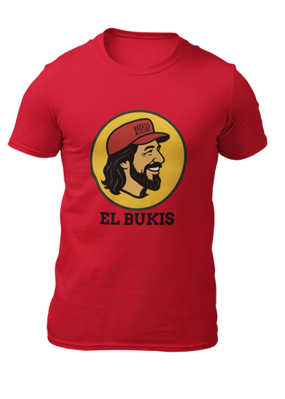A caricature image of Mexican singer "El Buki," replacing the traditional beaver character on a stylized logo for a gas station.  all printed on a casual, short-sleeved t-shirt. The overall style is a fun, graphic illustration parody.
