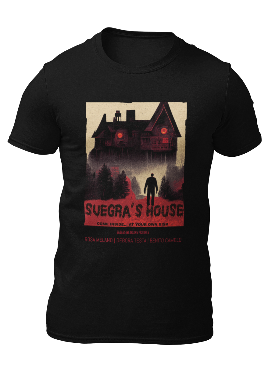 Black t-shirt with a red and beige retro horror movie poster graphic of a haunted house titled "SUEGRA'S HOUSE".