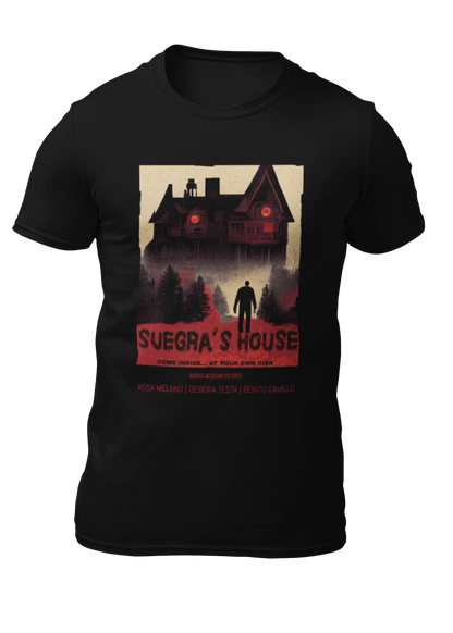 Black t-shirt with a red and beige retro horror movie poster graphic of a haunted house titled "SUEGRA'S HOUSE".
