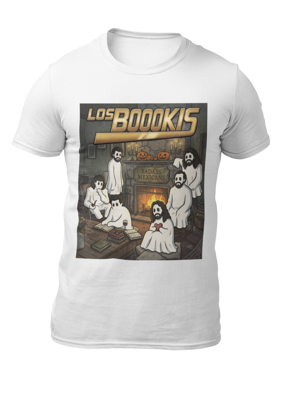 White t-shirt featuring a spooky band parody with ghosts around a fireplace with text reading "LOS BOOOKIS".