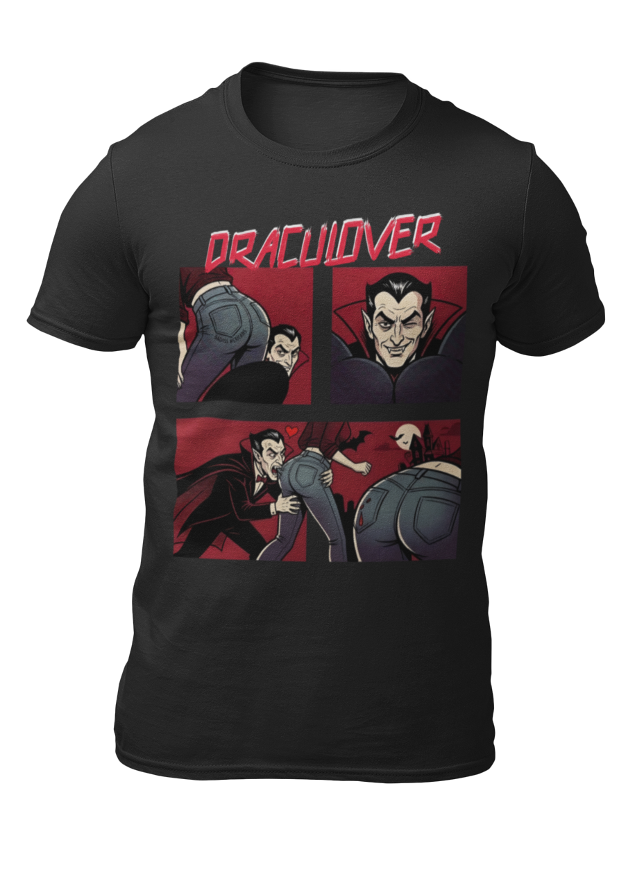 Black t-shirt featuring a red "DRACULOVER" title above a 4-panel comic graphic of a vampire biting a woman wearing blue jeans.