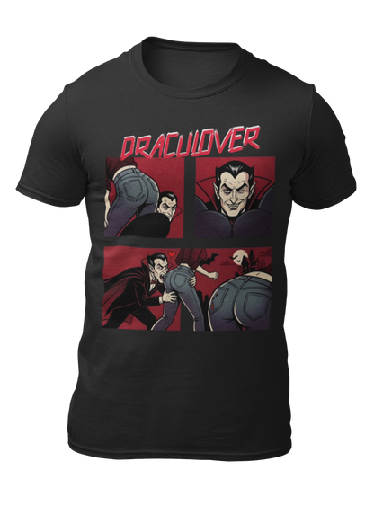 Black t-shirt featuring a red "DRACULOVER" title above a 4-panel comic graphic of a vampire biting a woman wearing blue jeans.