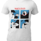 White t-shirt featuring a red "DRACULOVER" title above a 4-panel comic graphic of a cartoon vampire biting a lower back.