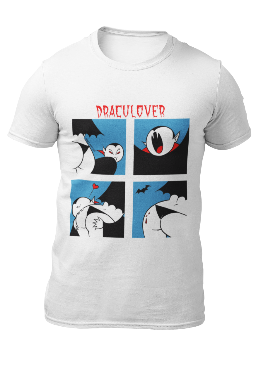 White t-shirt featuring a red "DRACULOVER" title above a 4-panel comic graphic of a cartoon vampire biting a lower back.
