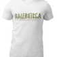 A white streetwear t-shirt showcasing the word "BALENBERGA" across the chest in a heavy, textured, geometric block font with alternating mirrored letters in an olive-beige tone. Underneath, "BADASS MEXICANS" is printed in a clean, sharp matching font.