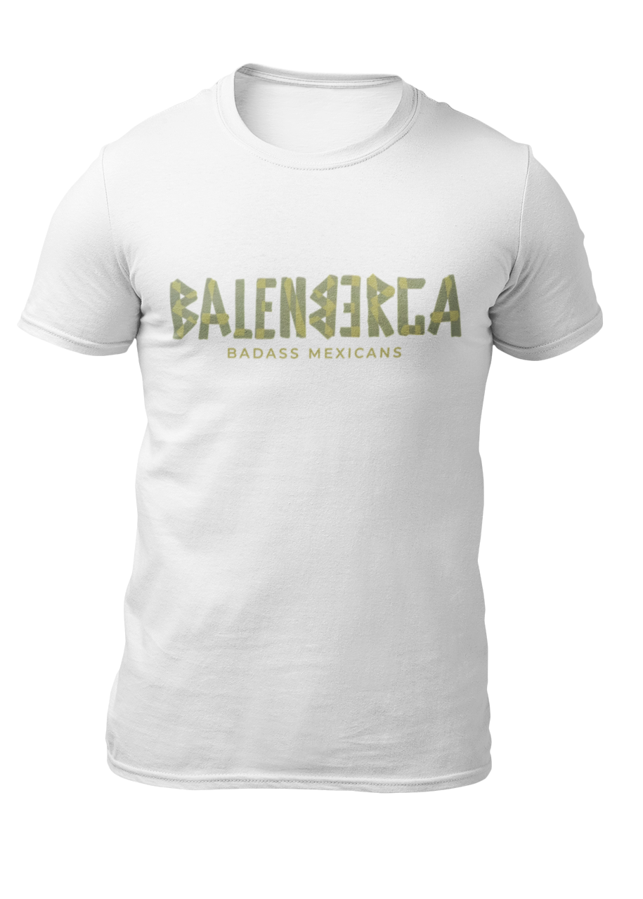 A white streetwear t-shirt showcasing the word "BALENBERGA" across the chest in a heavy, textured, geometric block font with alternating mirrored letters in an olive-beige tone. Underneath, "BADASS MEXICANS" is printed in a clean, sharp matching font.