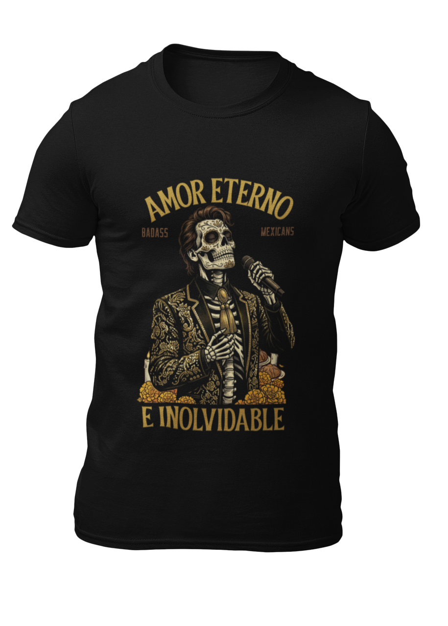 Black t-shirt featuring a detailed Catrín graphic of Juan Gabriel holding a microphone surrounded by golden text reading "AMOR ETERNO E INOLVIDABLE".
