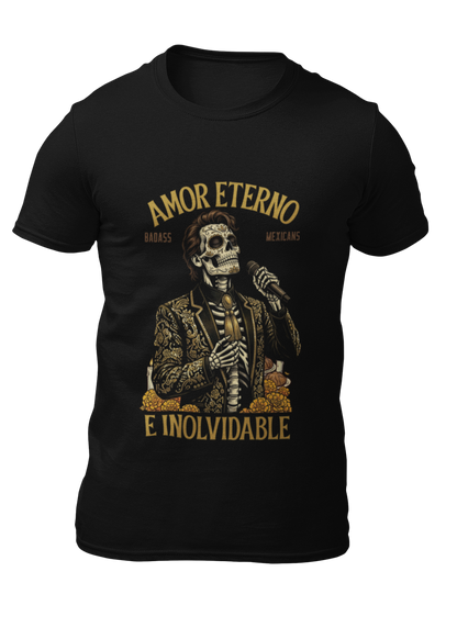 Black t-shirt featuring a detailed Catrín graphic of Juan Gabriel holding a microphone surrounded by golden text reading "AMOR ETERNO E INOLVIDABLE".