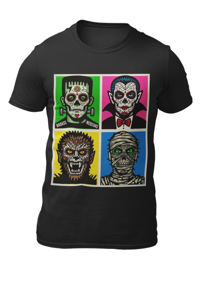 Black t-shirt featuring a 4-panel colorful pop art graphic of classic horror monsters styled as Mexican sugar skulls.