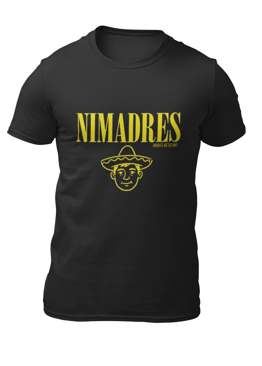Black crew-neck t-shirt with "NI MADRES" printed in a yellow grunge font above a yellow line-art icon of a smiling man wearing a traditional sombrero.