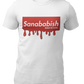 A white crew-neck t-shirt featuring a solid red rectangular box graphic on the chest. Inside the box, the word "Sanababish" is printed in a bold white, slanted font, with the words "BADASS MEXICANS" in smaller white letters beneath it. The bottom edge of the red box is styled to look like wet paint, with thick red droplets dripping down onto the fabric.