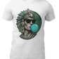 A white crew-neck t-shirt featuring a circular graphic illustration on the chest. The design depicts an Aztec ruler or warrior chief in profile, wearing a highly detailed traditional feathered headdress and ear spools in shades of turquoise, green, and gray. The character is styled with a modern twist, wearing black sunglasses and blowing a large, bright light-blue bubblegum bubble. The entire illustration is set against a dark green solid circular background with the words "BADASS MEXICANS" written