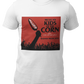 White crew-neck t-shirt featuring a red retro movie poster graphic with a hand holding a spiced corn on a stick above a cornfield silhouette.