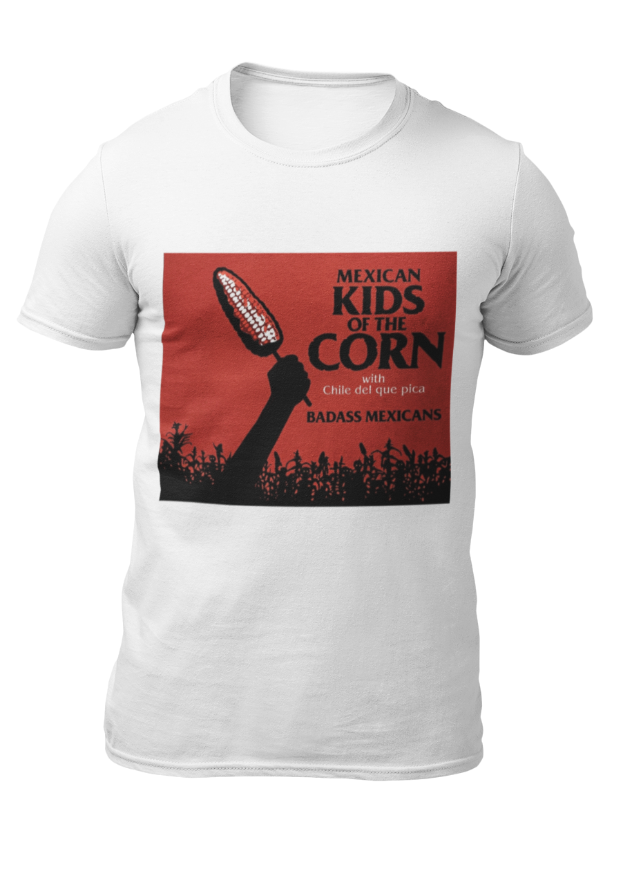 White crew-neck t-shirt featuring a red retro movie poster graphic with a hand holding a spiced corn on a stick above a cornfield silhouette.