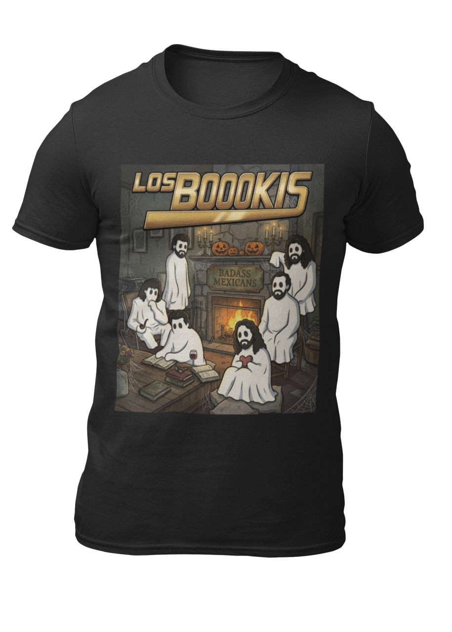 Black t-shirt featuring a spooky band parody with ghosts around a fireplace with text reading "LOS BOOOKIS".