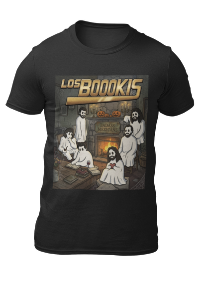 Black t-shirt featuring a spooky band parody with ghosts around a fireplace with text reading "LOS BOOOKIS".