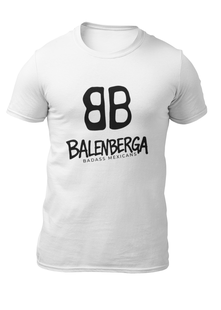 front view of a premium white graphic t-shirt. On the center of the chest, a large black logo features two "B" characters mirrored and interlocked back-to-back. Directly below the logo, the word "BALENBERGA" is printed in an edgy, stylized white paint-stroke font, with "BADASS MEXICANS" cleanly written underneath in a small, minimalist font.