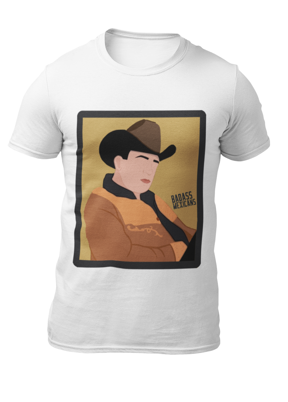 faceless regional mexicano inspired t-shirt with cowboy hat and golden jacket illustration, old-school banda style graphic white tee for men