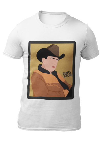 faceless regional mexicano inspired t-shirt with cowboy hat and golden jacket illustration, old-school banda style graphic white tee for men