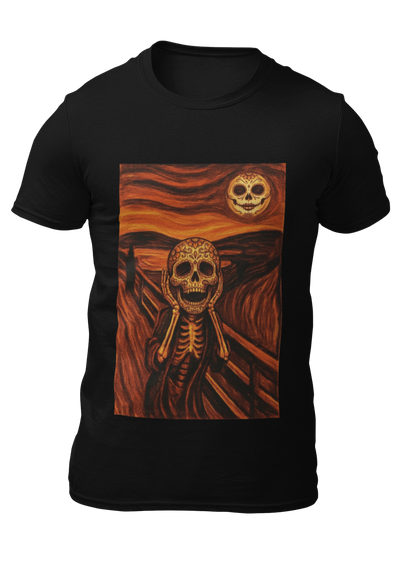 Black t-shirt with an artistic painting parodying Munch's The Scream featuring a sugar skull skeleton figure and moon.