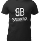 front view of a premium black graphic t-shirt. On the center of the chest, a large white logo features two "B" characters mirrored and interlocked back-to-back. Directly below the logo, the word "BALENBERGA" is printed in an edgy, stylized white paint-stroke font, with "BADASS MEXICANS" cleanly written underneath in a small, minimalist font.